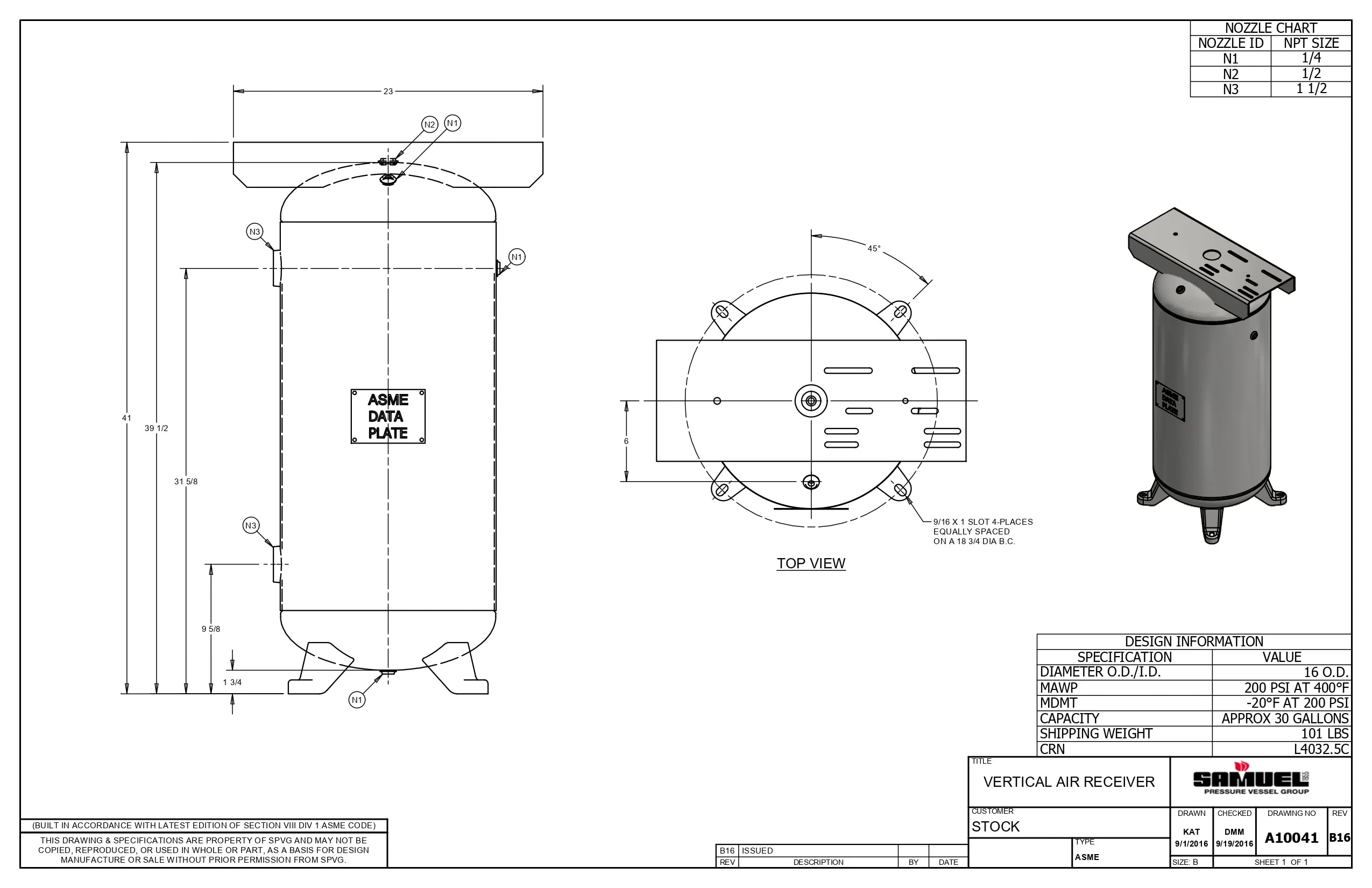 30 Gallon 200PSI Vertical Air Tank By Samuel with 4 feet, 9" X 23" top plate | A10041