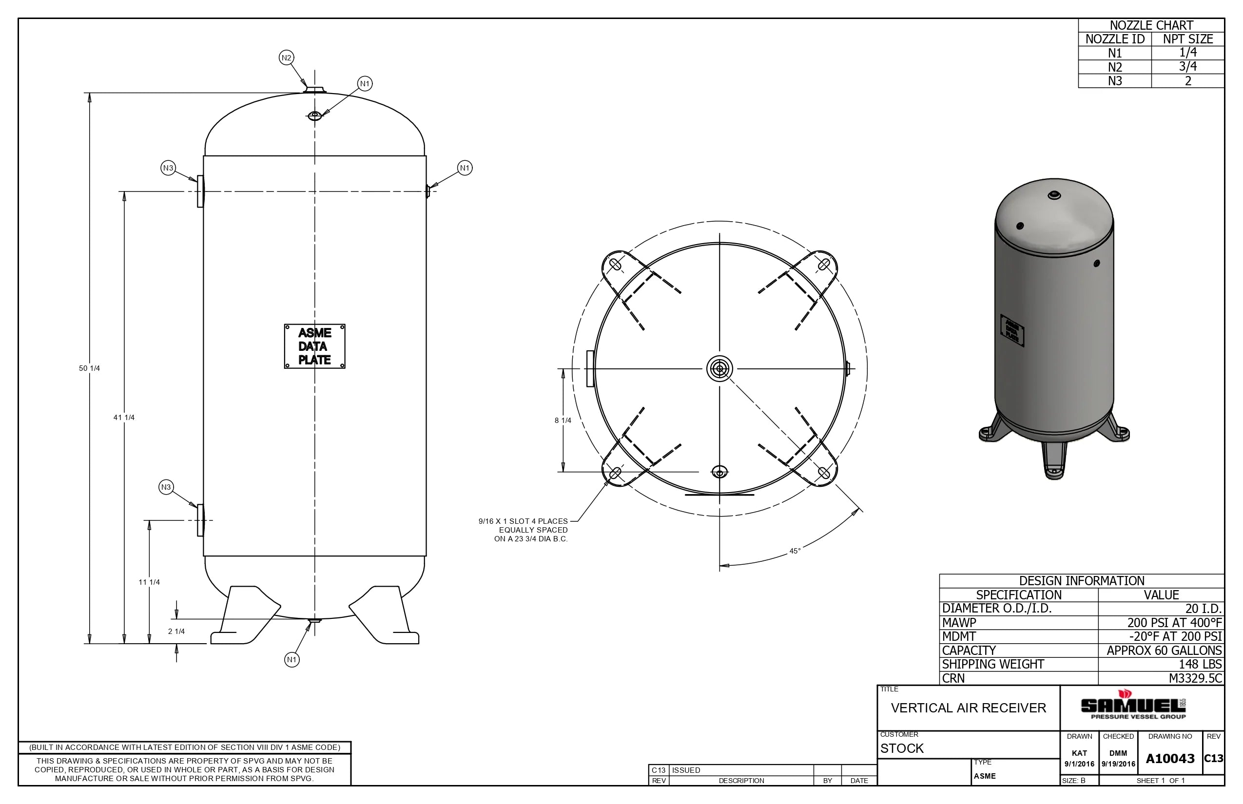 60 Gallon 200PSI Vertical Air Tank By Samuel with 4 feet | A10043