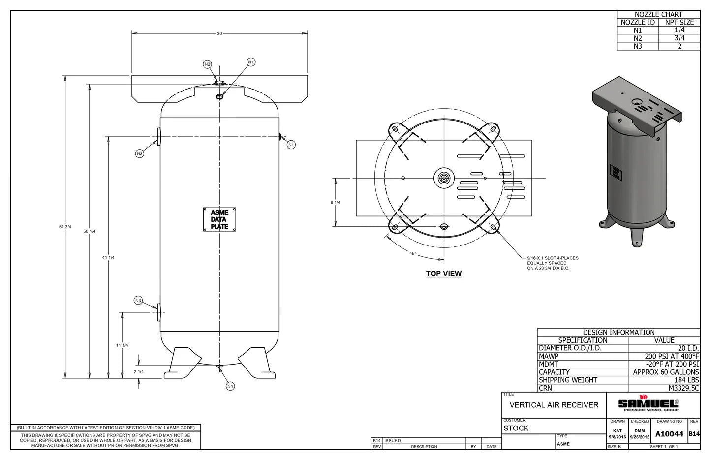 60 Gallon 200PSI Vertical Air Tank By Samuel with 4 feet, 13" X 30" top plate | A10044