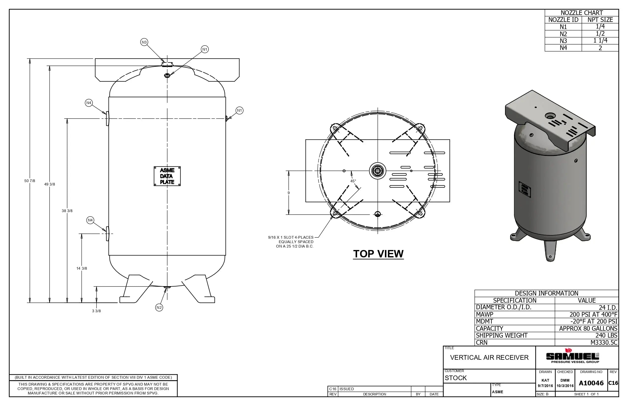 80 Gallon 200PSI Vertical Air Tank By Samuel with 4 feet, 13" X 30" top plate | A10046