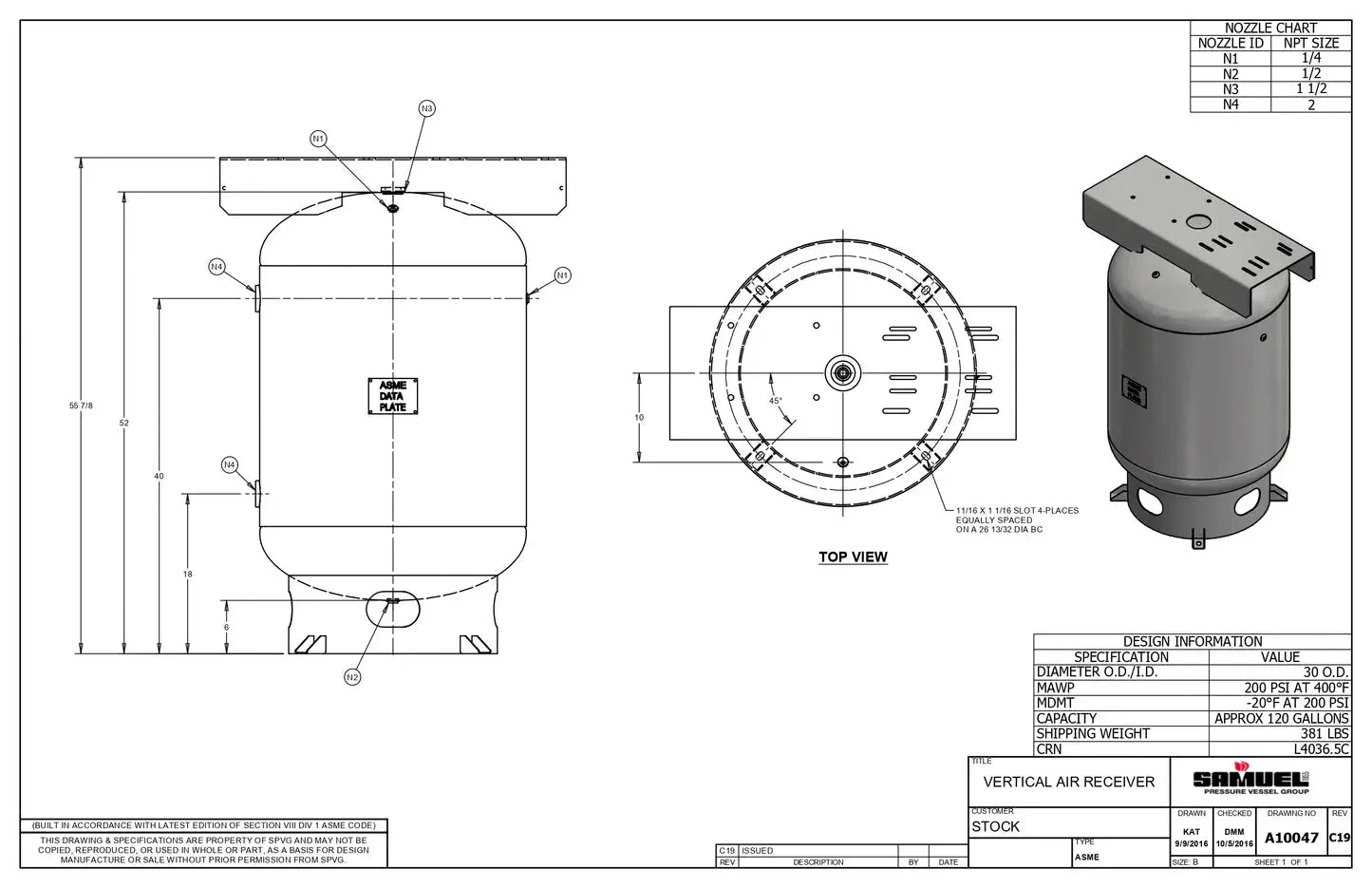 120 Gallon 200PSI Vertical Air Tank By Samuel with 6" base ring, 15" X 39" top plate | A10047 Samuel