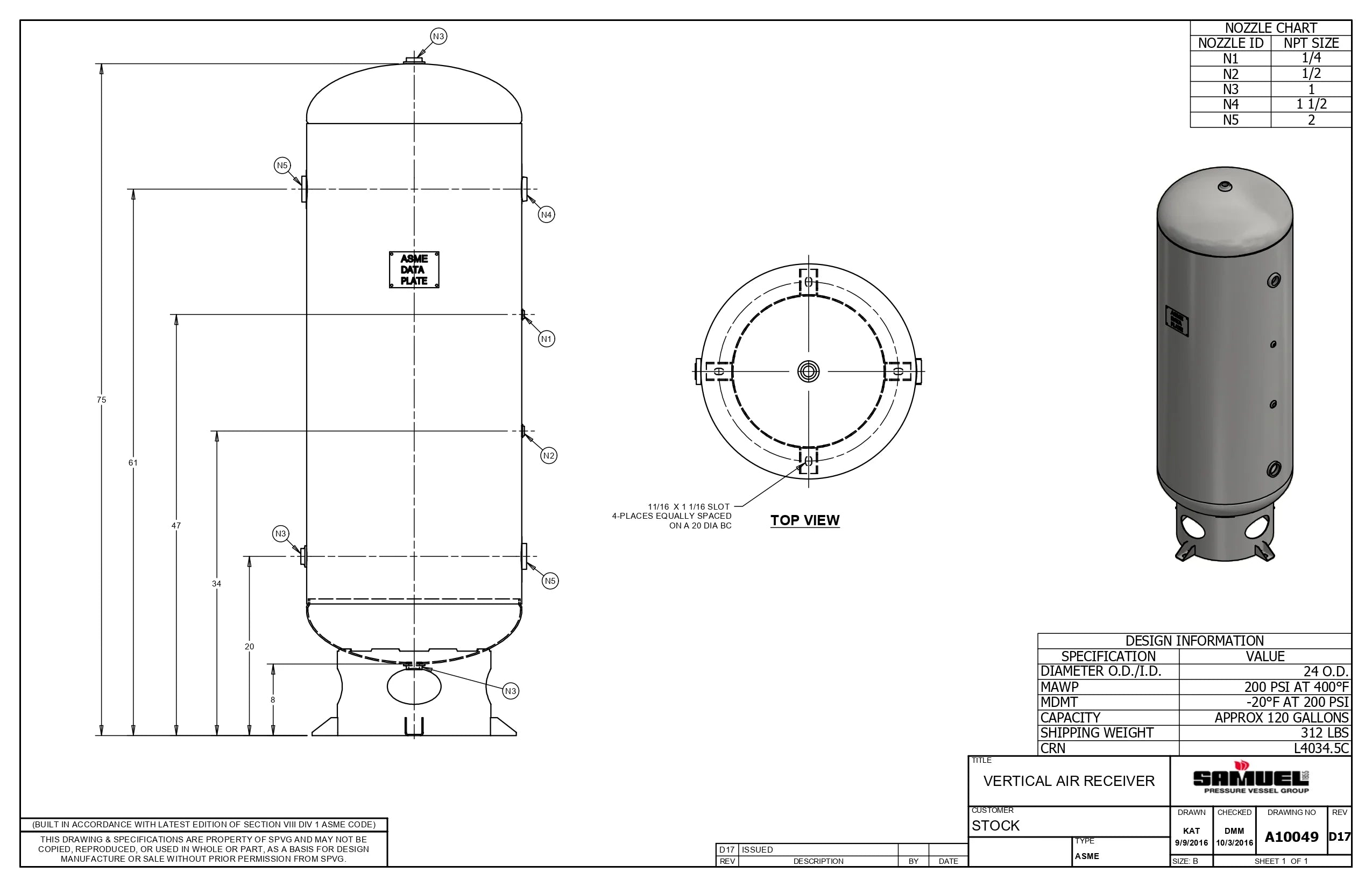 120 Gallon 200PSI Vertical Air Tank By Samuel with 8" base ring | A10049