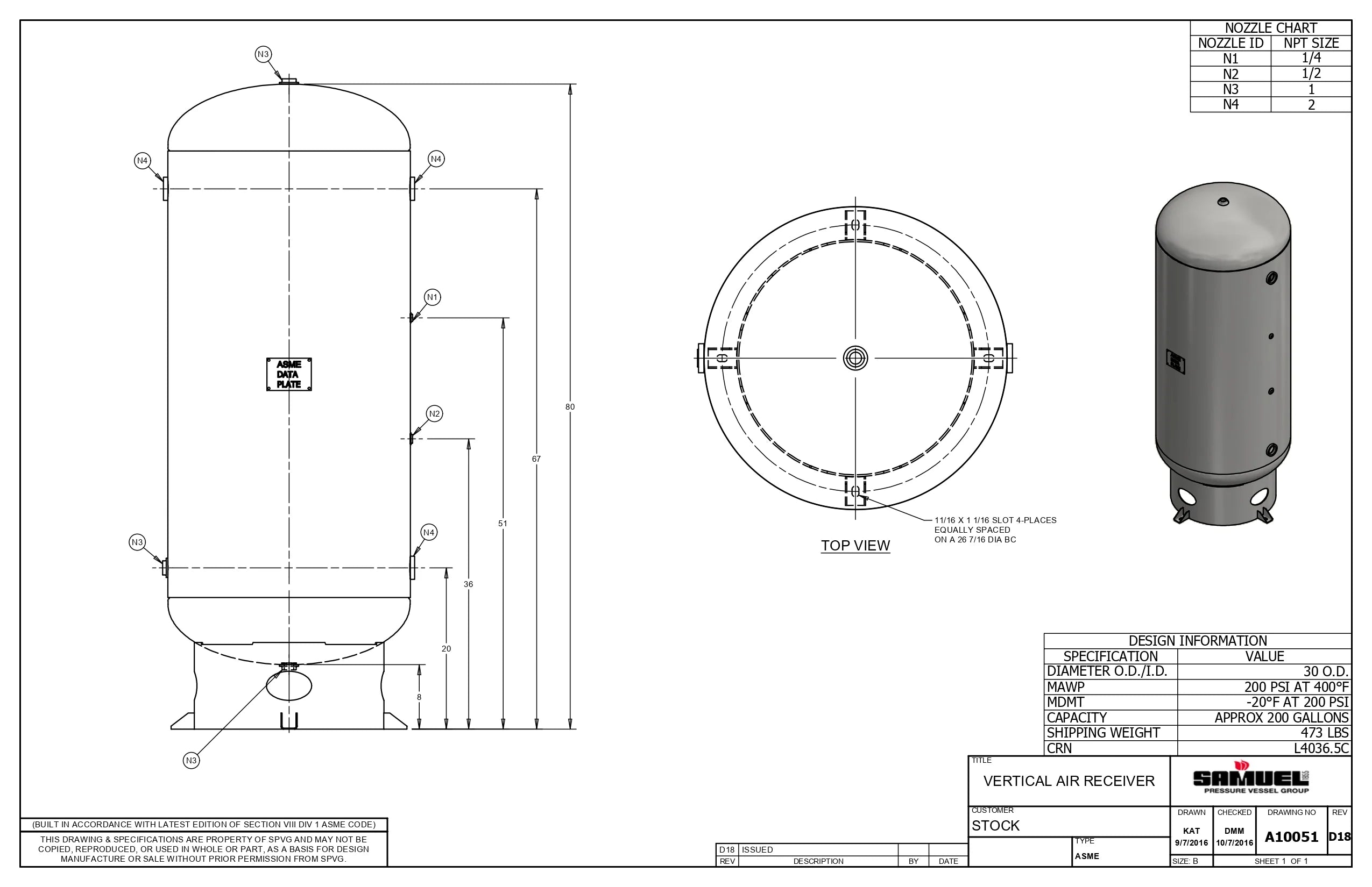 200 Gallon 200PSI Vertical Air Tank By Samuel with 8" base ring | A10051