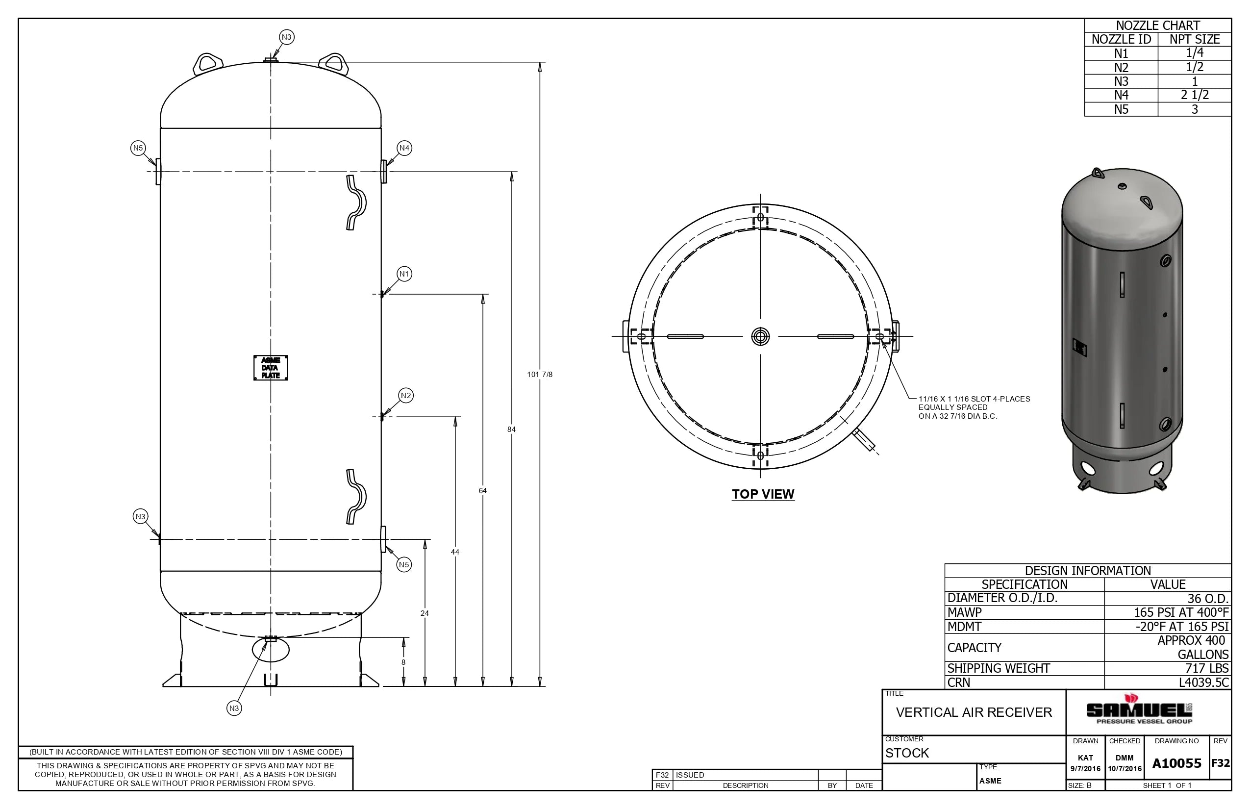 400 Gallon 165PSI Vertical Air Tank By Samuel with 8" base ring | A10055
