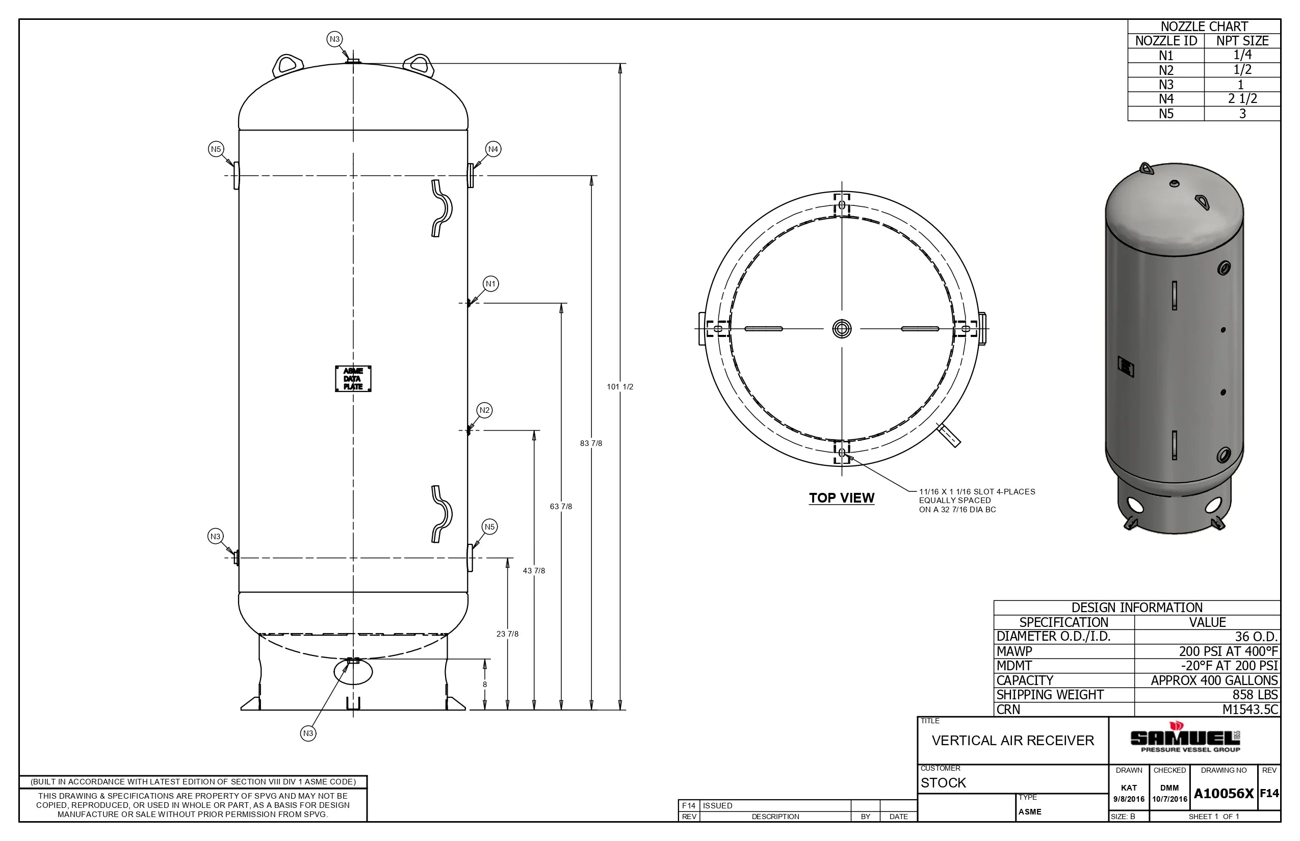 400 Gallon 200PSI Vertical Air Tank By Samuel with 8" base ring | A10056X
