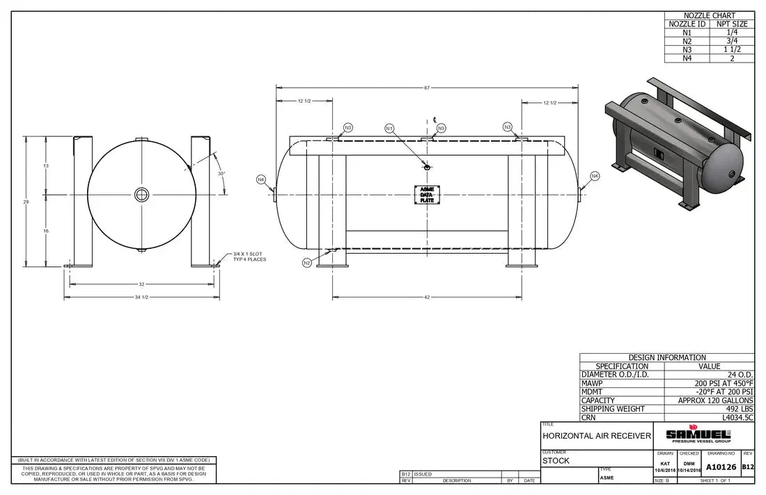 120 Gallon 200PSI Horizontal Air Tank By Samuel with Grasshopper / Pedestal | A10126 Samuel