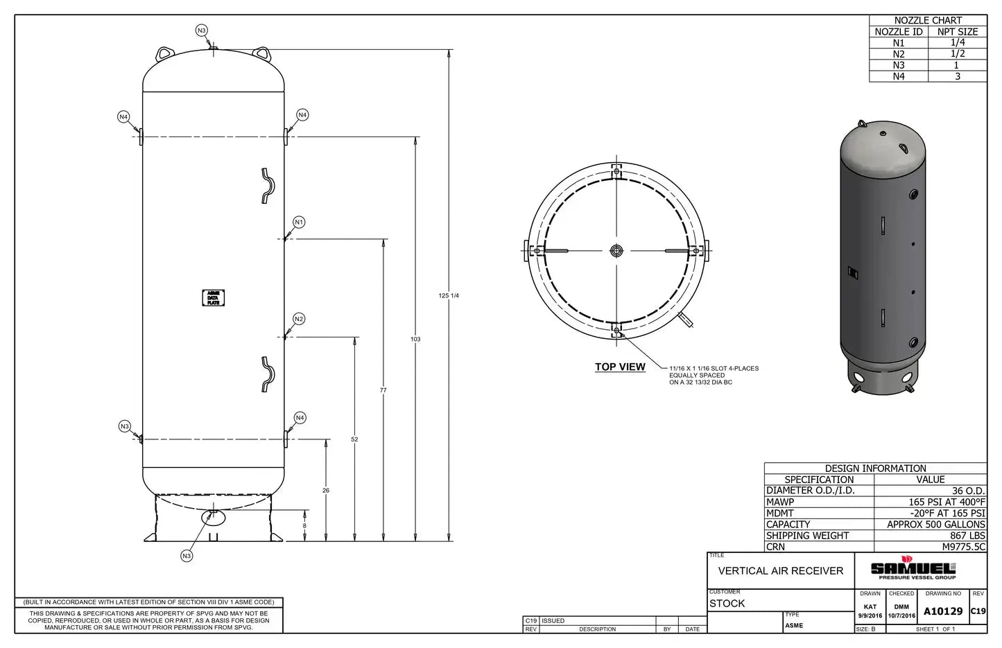 500 Gallon 165PSI Vertical Air Tank By Samuel with 8" base ring | A10129 Samuel
