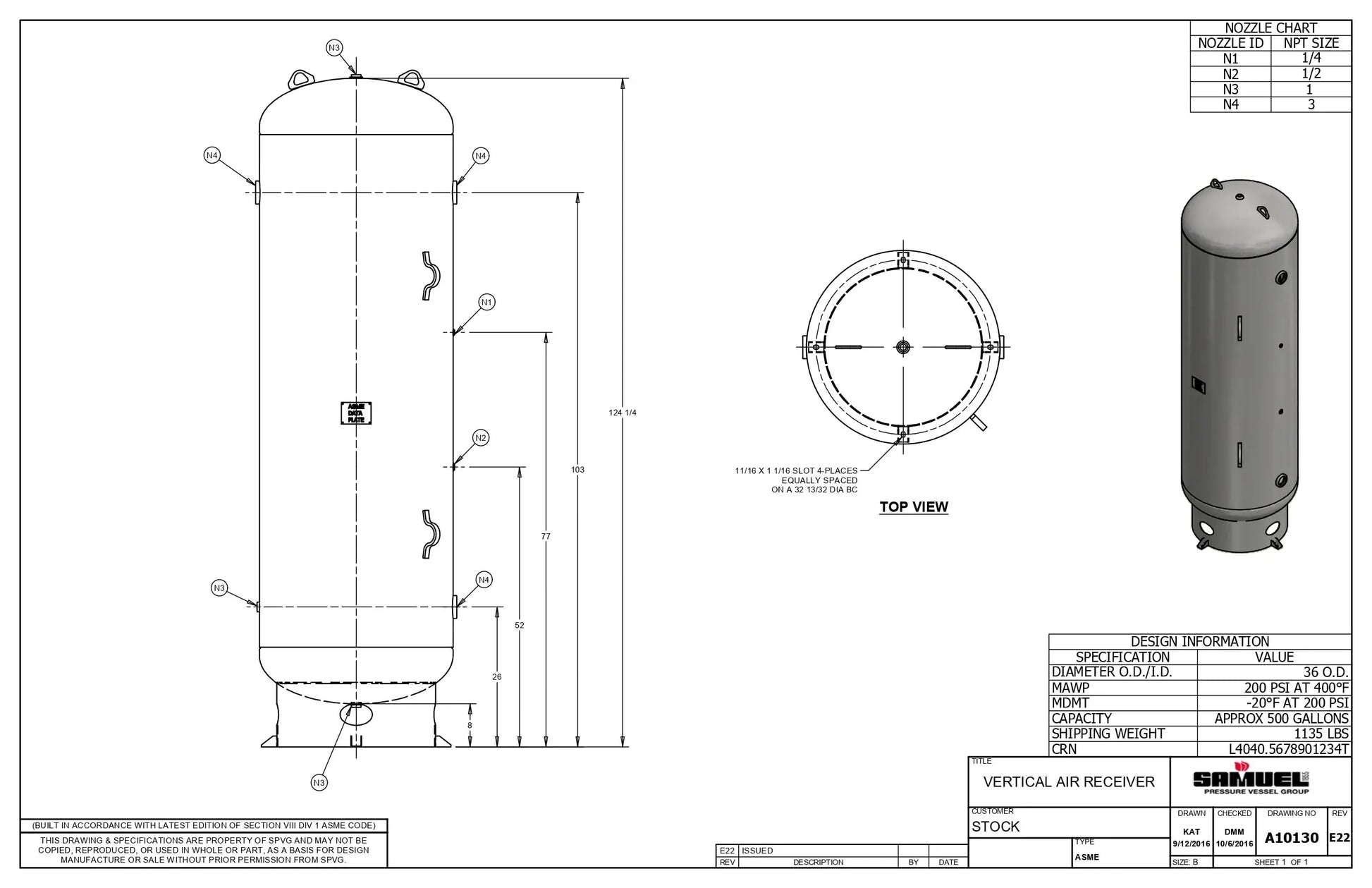 500 Gallon 200PSI Vertical Air Tank By Samuel with 8" base ring | A10130 Samuel