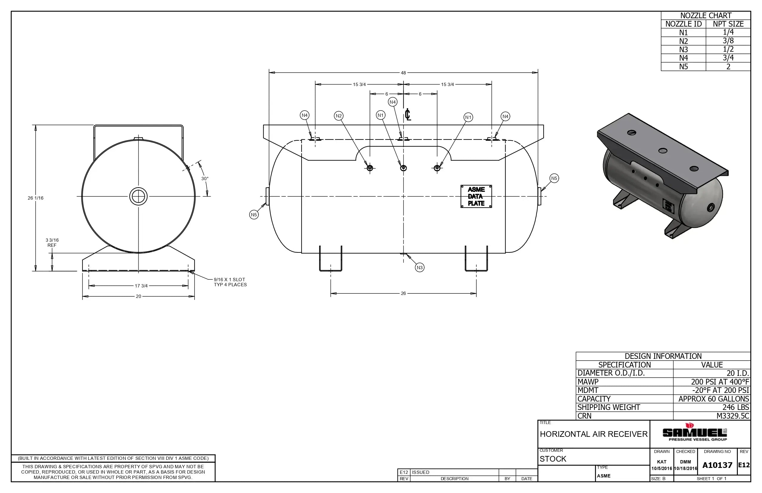 60 Gallon 200PSI Horizontal Air Tank By Samuel with Saddle legs, 16"X50" extended top plate | A10137 Samuel