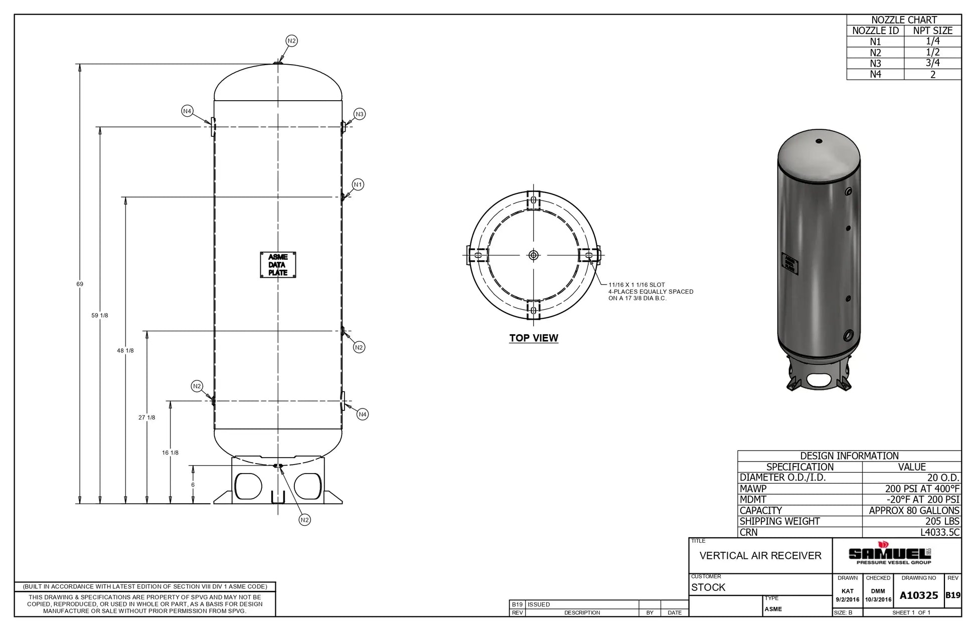 80 Gallon 200PSI Vertical Air Tank By Samuel with 6" base ring | A10325 Samuel