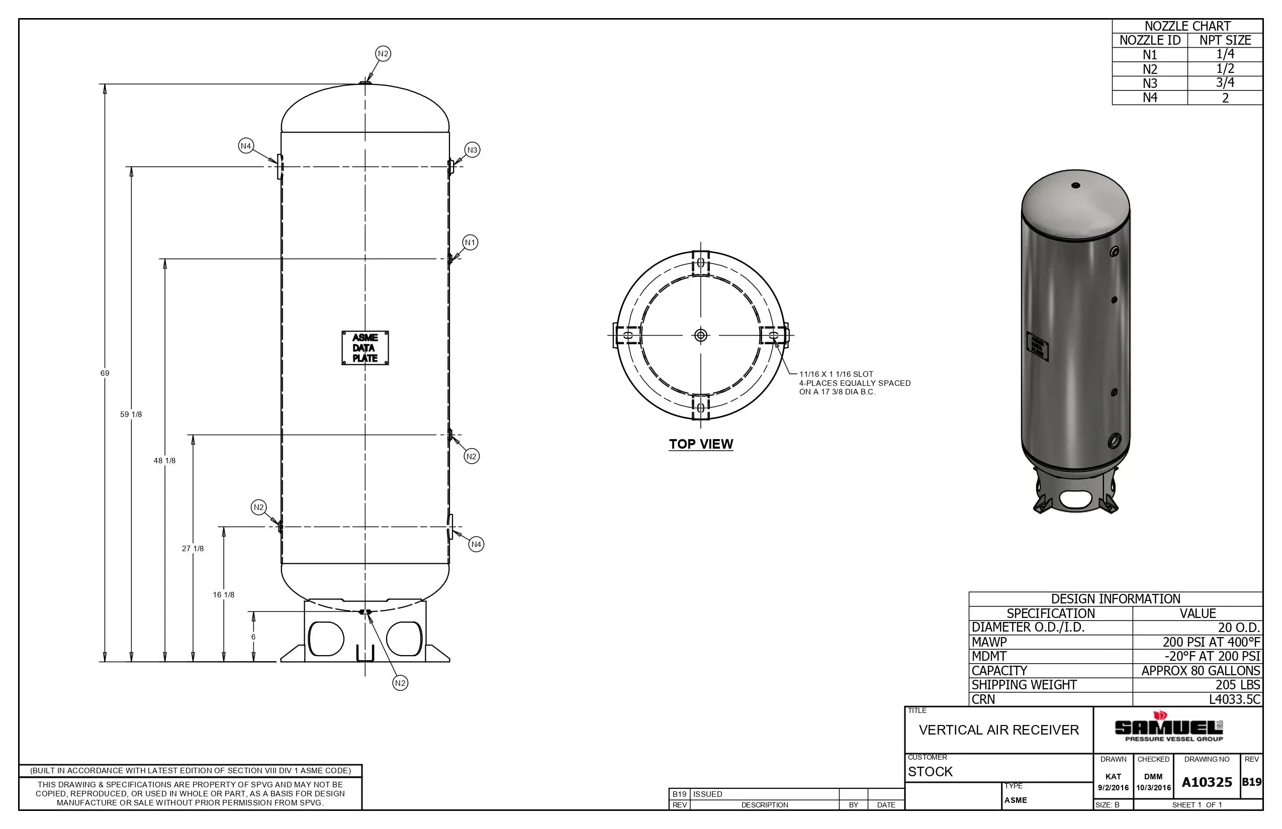 80 Gallon 200PSI Vertical Air Tank By Samuel with 6" base ring | A10325 Samuel