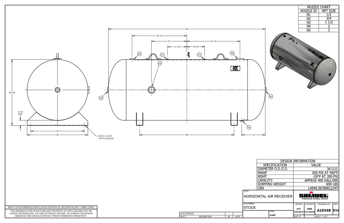 400 Gallon 200PSI Horizontal Air Tank By Samuel with Saddle legs | A10348