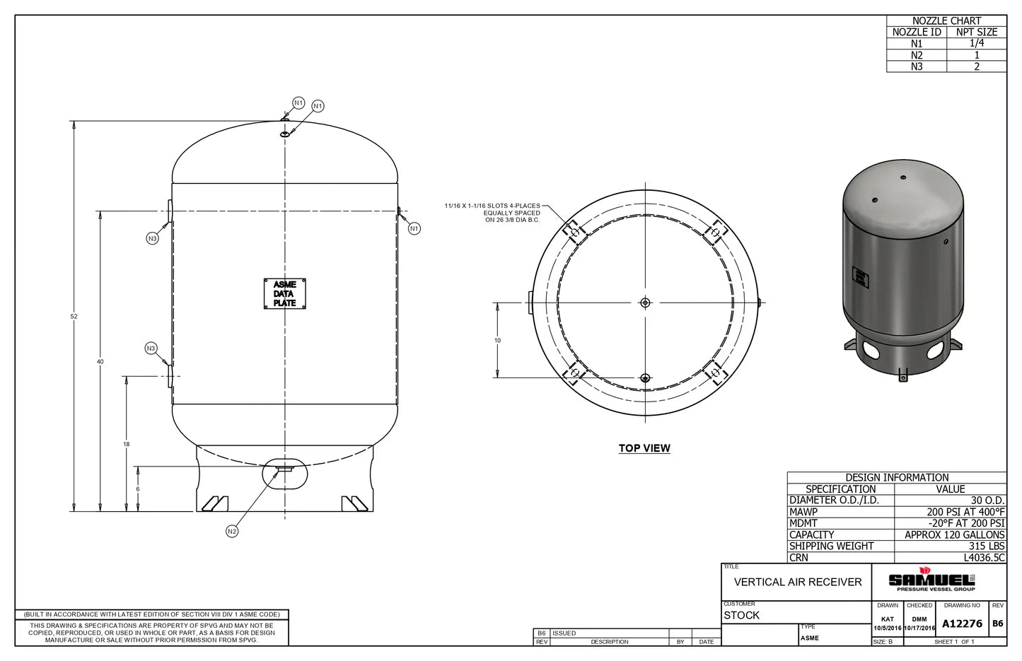 120 Gallon 200PSI Vertical Air Tank By Samuel with 6" base ring | A12276