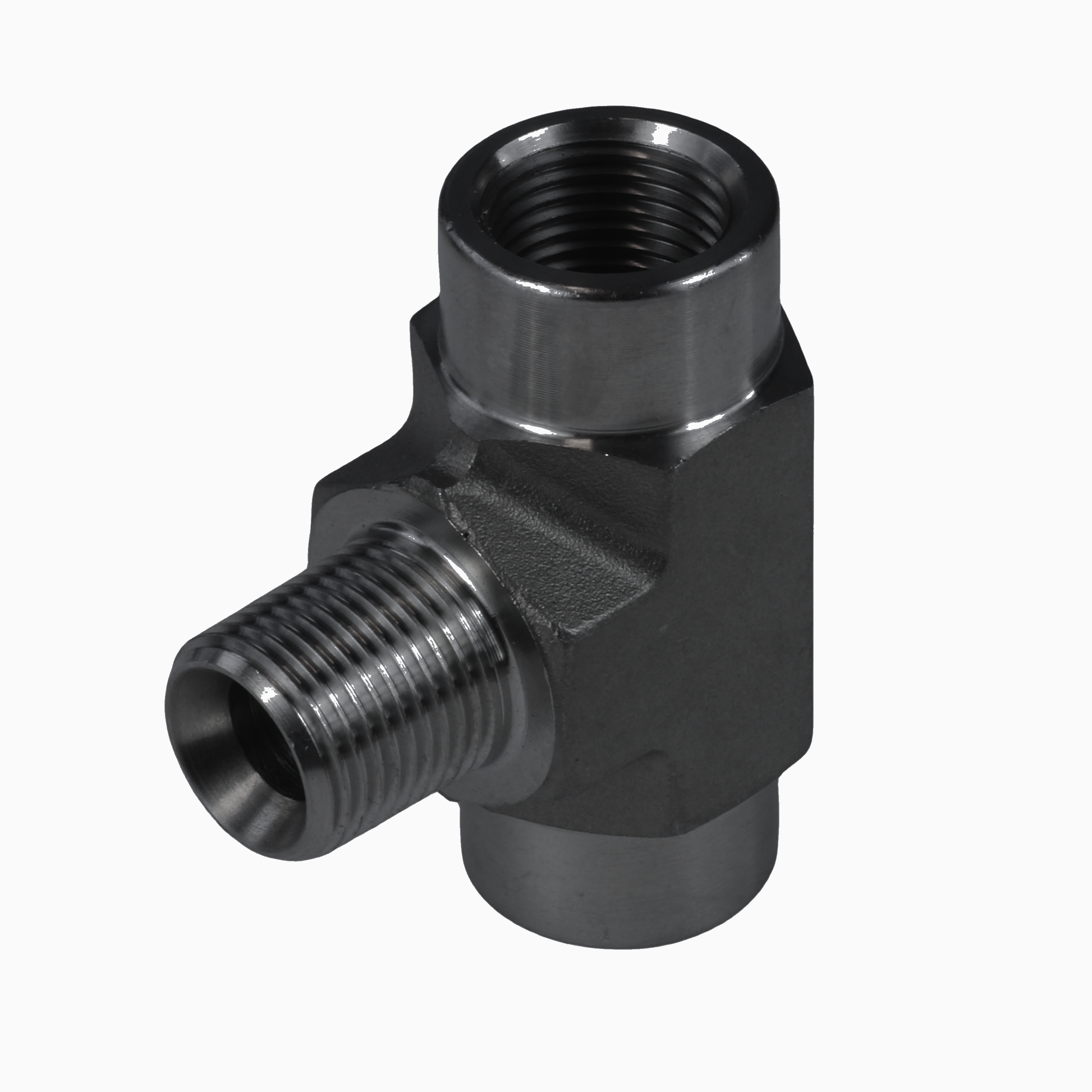 Black carbon steel equal street tee, FNPT x MNPT x FNPT NPT pipe fitting