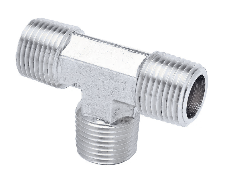 Steel forged male equal tee with three equal male NPT (MNPT) ports