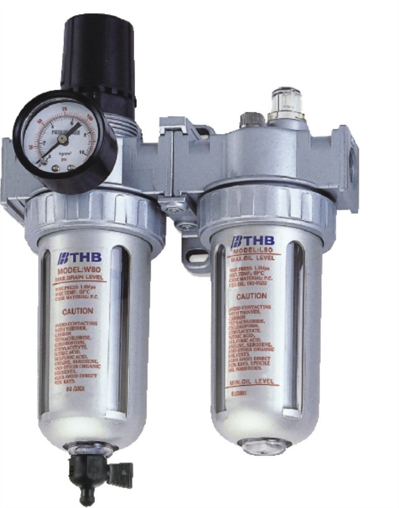 THB 8000 Series 2-stage FRL — filter/regulator with gauge and mist lubricator, dual poly bowls