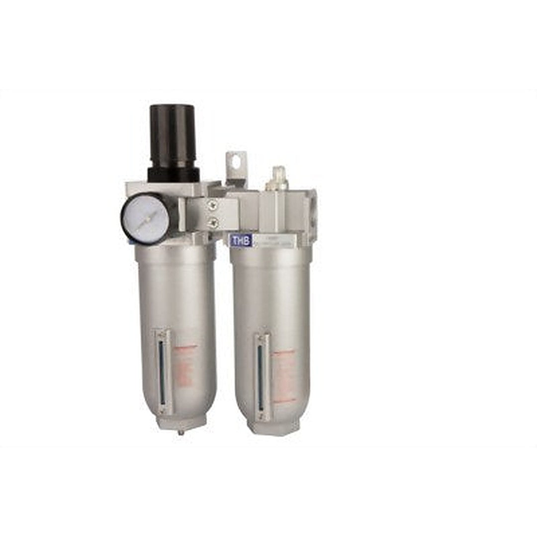 THB 9000 Series mid-flow filter/regulator/lubricator (FRL) — silver integral filter/regulator with gauge plus lubricator bowl