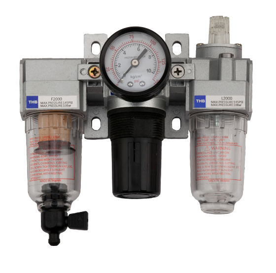 THB C202 Mini 3-Stage Filter/Regulator/Lubricator, 1/4 inch NPT, poly bowls with gauge