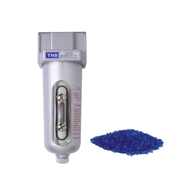 Industrial mid-flow in-line desiccant air dryer with metal bowl, sight window, and color-changing silica beads