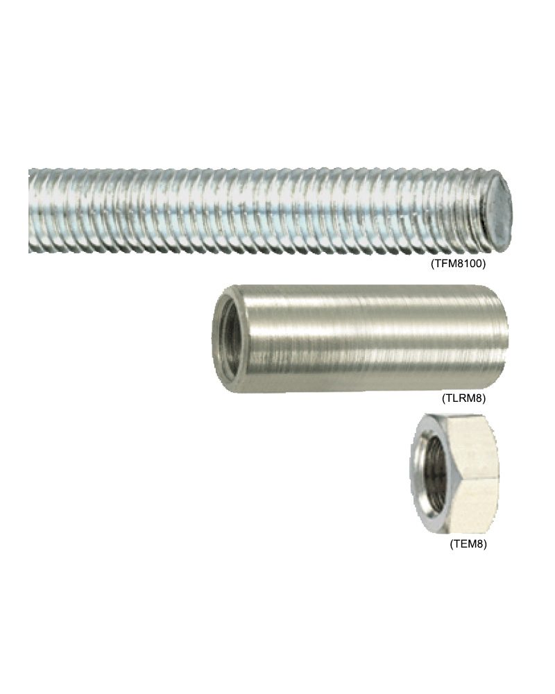 Prevost TF M8100 one metre M8 threaded stud, shown with TL RM8 union sleeve and TE M8 nut