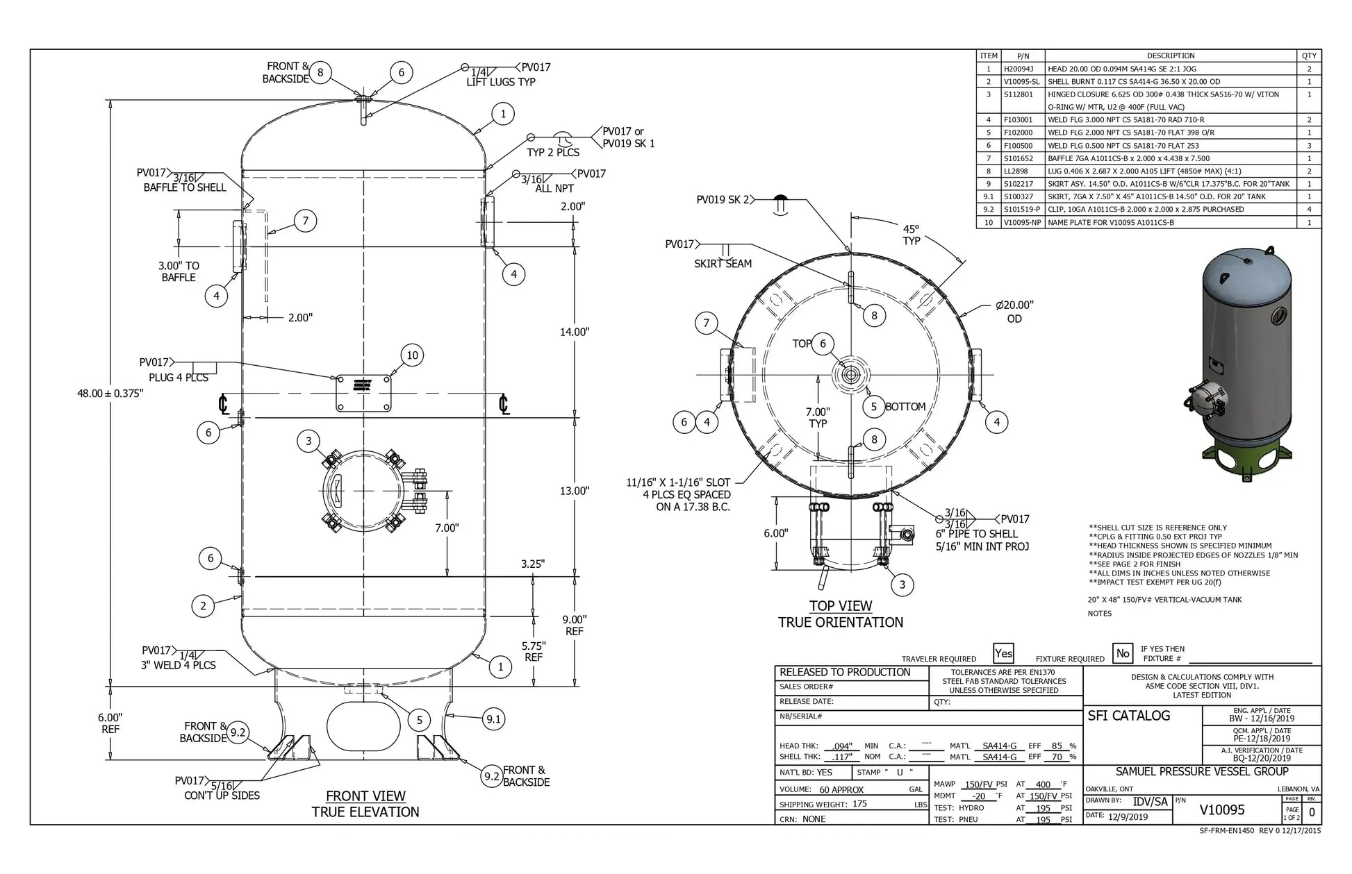 60 Gallon 150PSI Vertical Air Tank By Samuel with 8" basering / 6" hinged closure - Vacuum Rated | V10095 Samuel