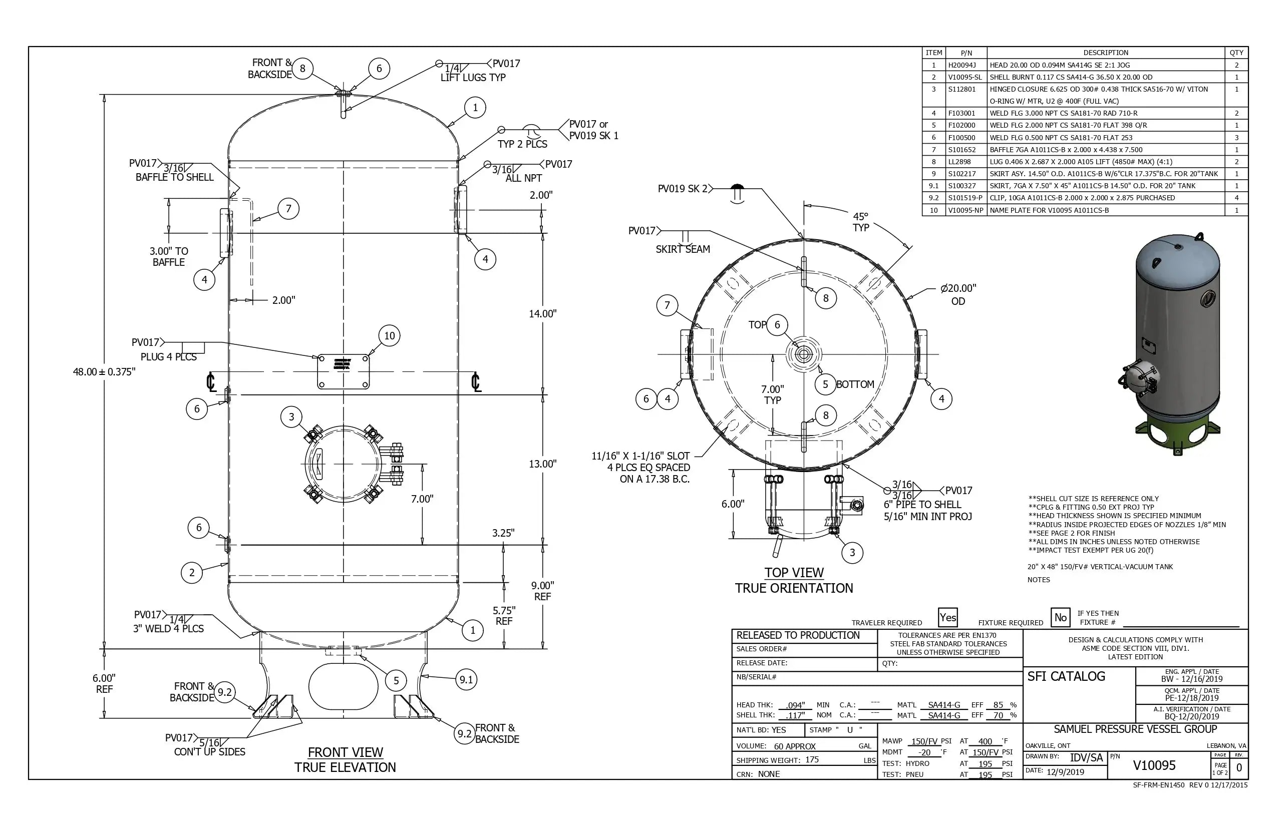 60 Gallon 150PSI Vertical Air Tank By Samuel with 8" basering / 6" hinged closure - Vacuum Rated | V10095 Samuel