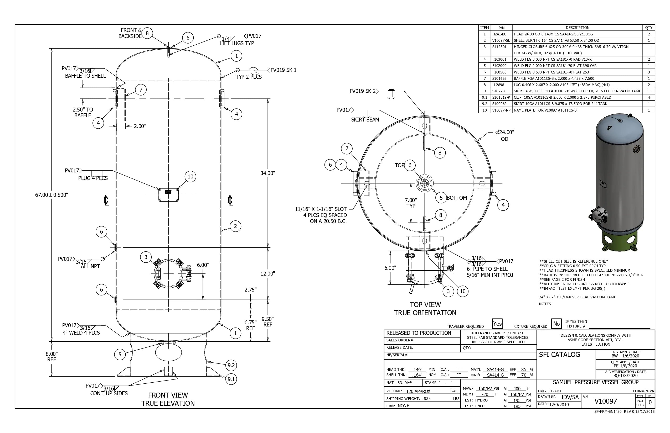 120 Gallon 150PSI Vertical Air Tank By Samuel with 8" basering / 6" hinged closure - Vacuum Rated | V10097
