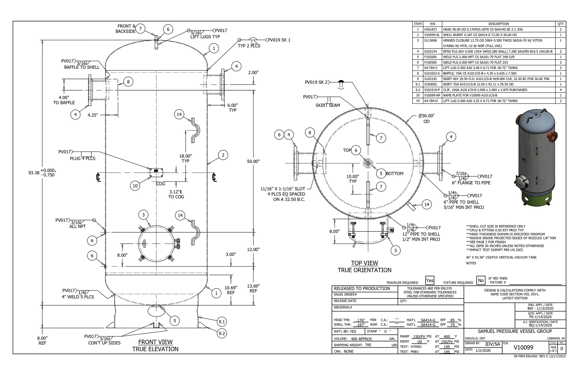 400 Gallon 150PSI Vertical Air Tank By Samuel with 8" basering / 12" hinged closure - Vacuum Rated | V10099 Samuel