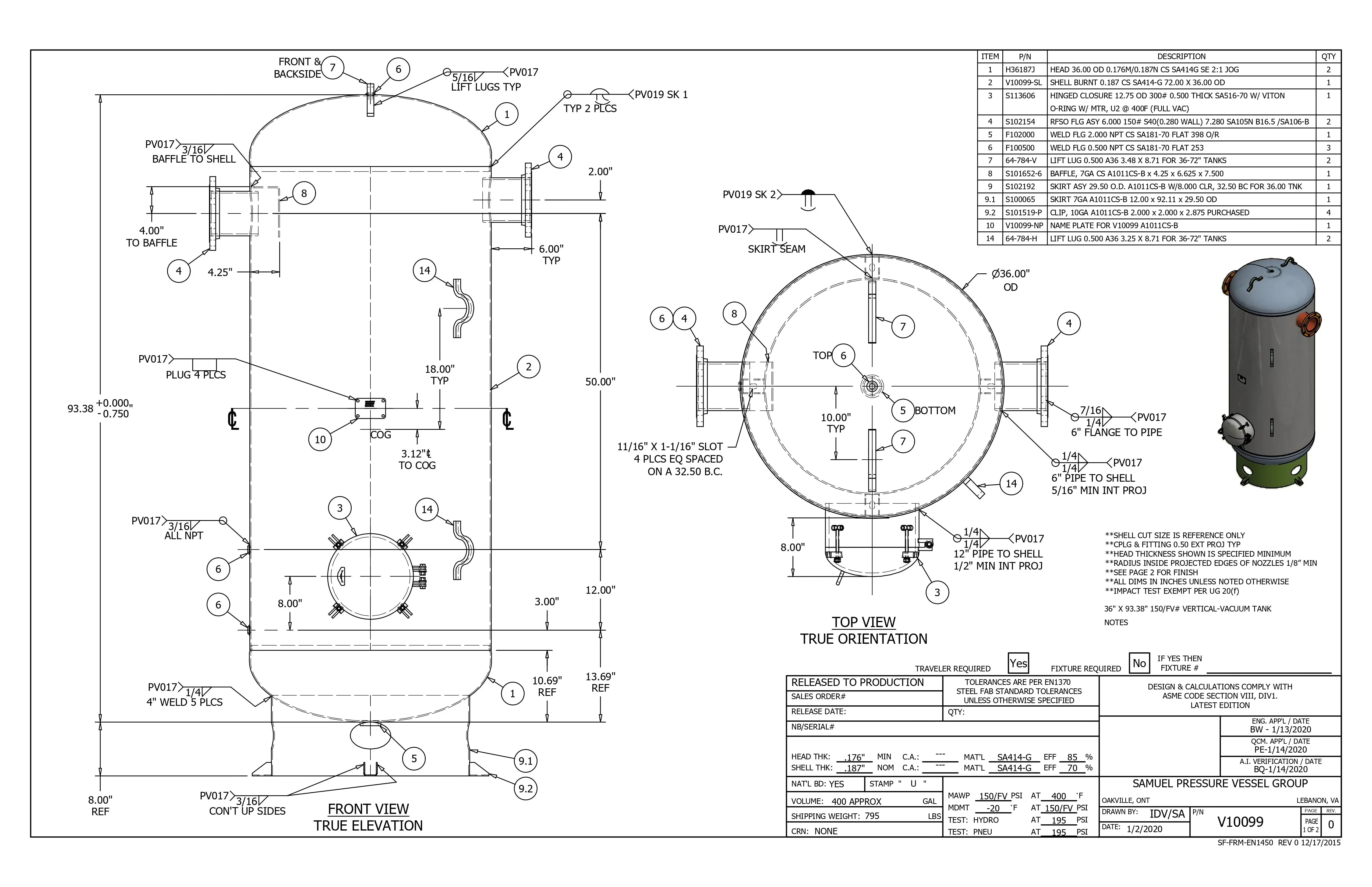 400 Gallon 150PSI Vertical Air Tank By Samuel with 8" basering / 12" hinged closure - Vacuum Rated | V10099 Samuel