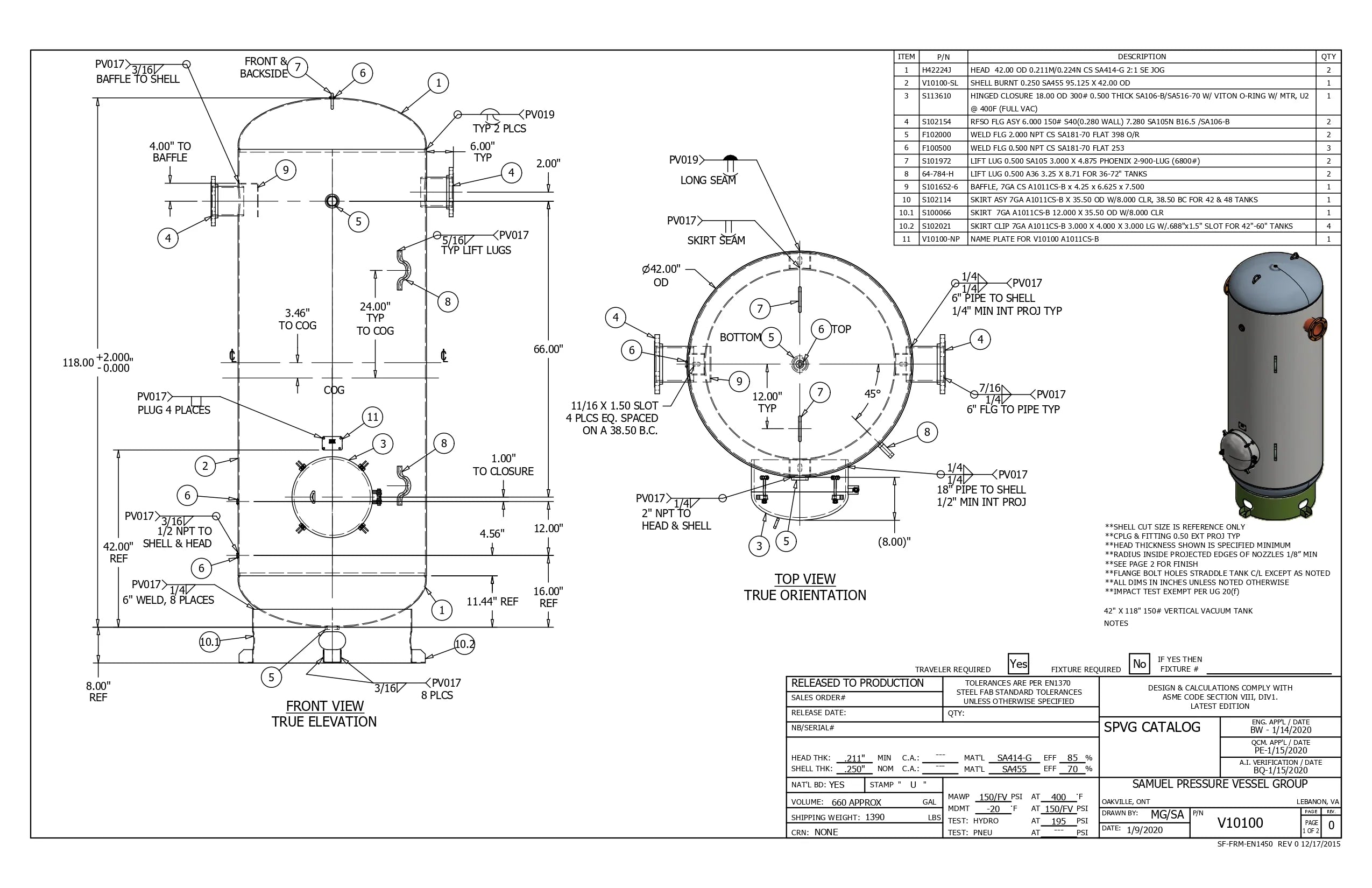 660 Gallon 150PSI Vertical Air Tank By Samuel with 8" basering / 18" hinged closure | V10100