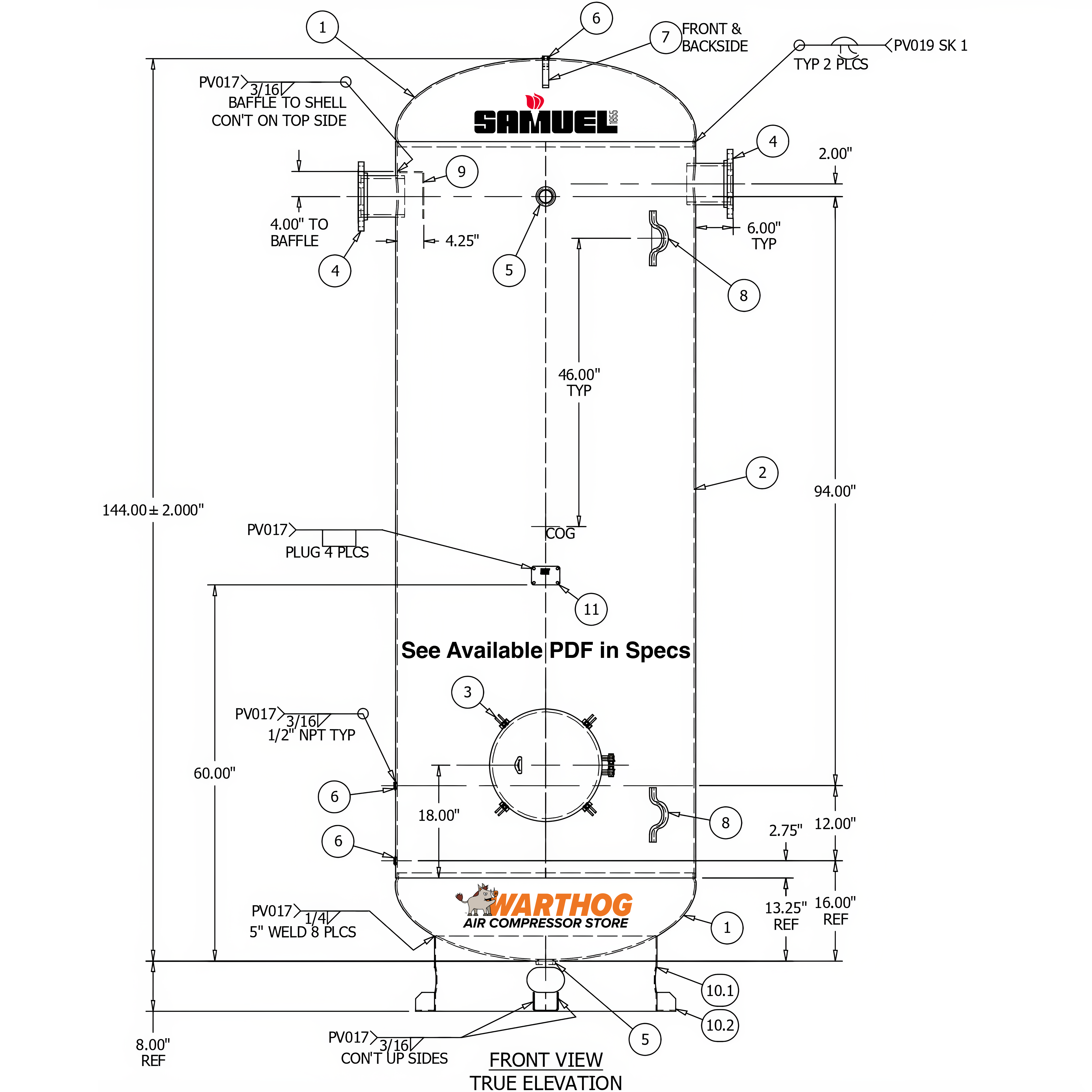 1060 Gallon 150PSI Vertical Air Tank By Samuel with 8" basering / 18" hinged closure - Vacuum Rated | V10101