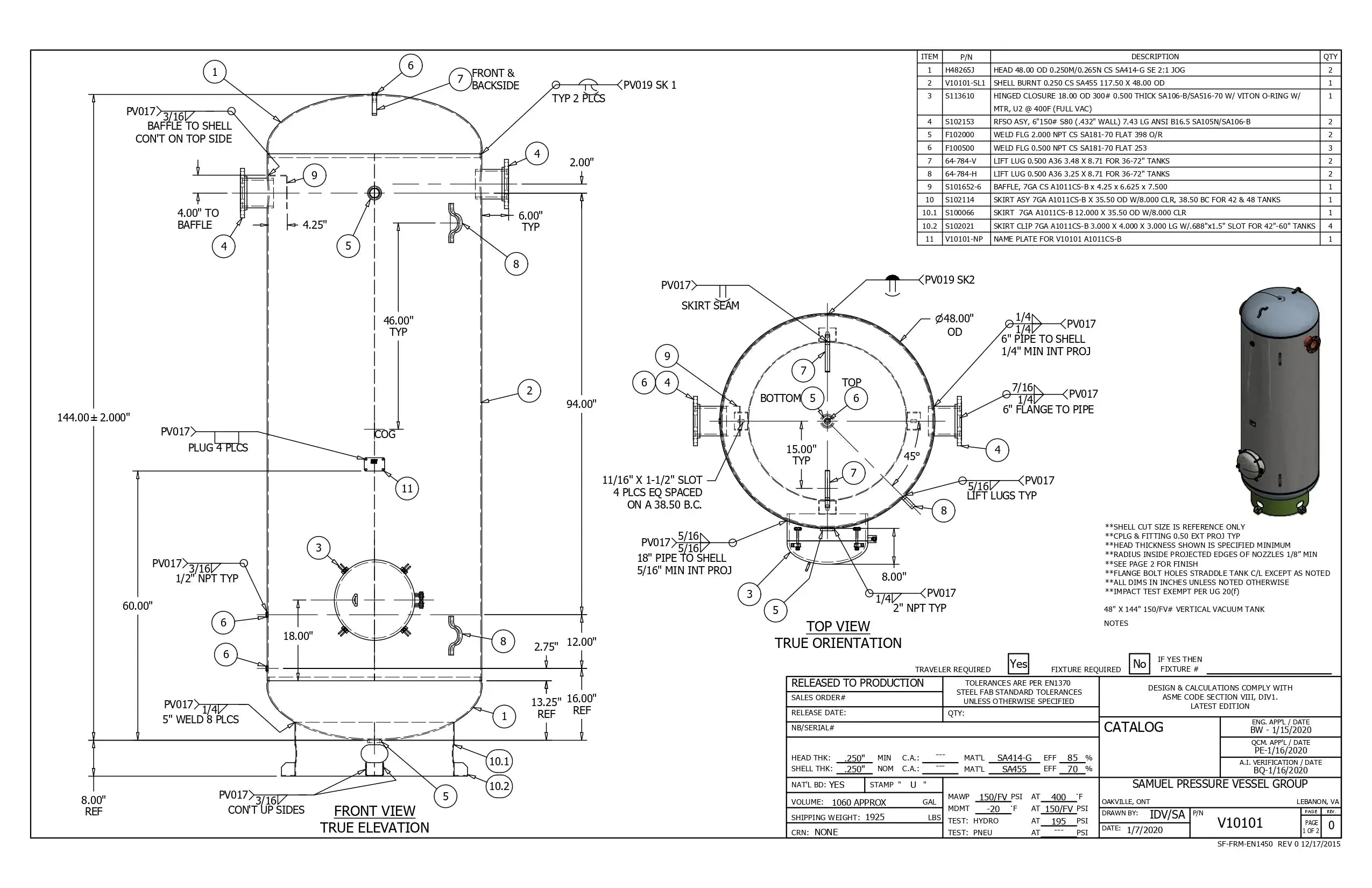 1060 Gallon 150PSI Vertical Air Tank By Samuel with 8" basering / 18" hinged closure - Vacuum Rated | V10101 Samuel